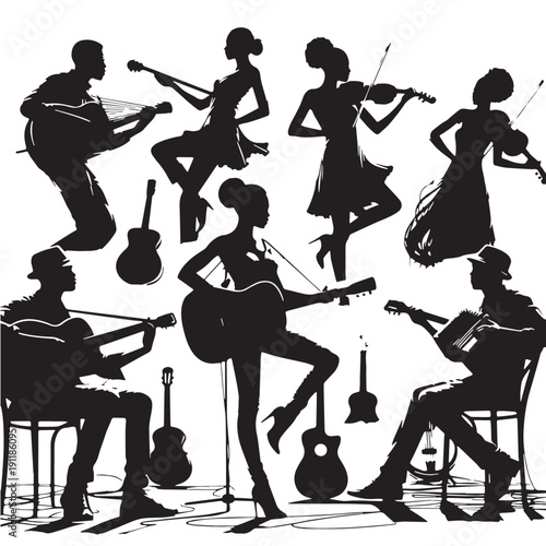Black Folk music Silhouette Vector, High Quality Illustration on White Background