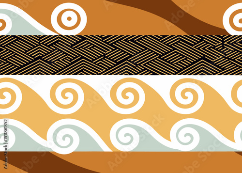 Ancient greek style pottery pattern with horizontal bands of spiral waves and stippled texture.