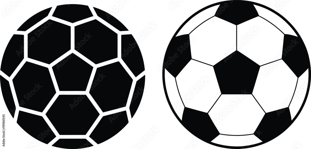 Fototapeta premium Two soccer balls side by side with different design patterns on a white background.