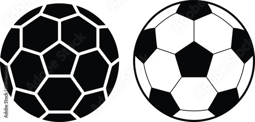 Two soccer balls side by side with different design patterns on a white background.