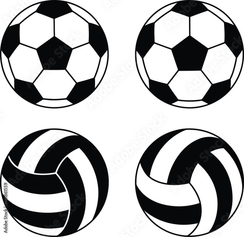 Four different sports balls depicted in a simple black and white illustration.