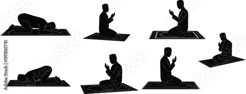 Muslim Man Praying Silhouette Collection Featuring Various Islamic Prayer Positions on Rugs Isolated on White Background for Spiritual Religious Vector Design