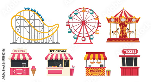 Colorful amusement park rides and food stalls illustration