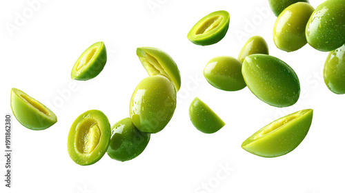 Wallpaper Mural Green olives flying in the air on transparent background Torontodigital.ca