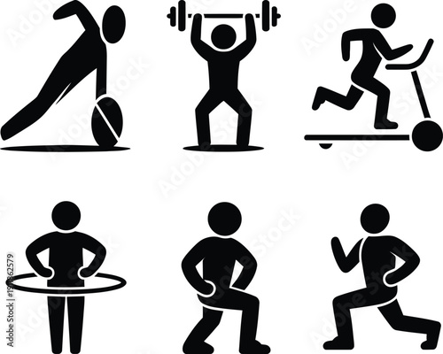 Various exercise silhouettes performing different physical activities on a white background.