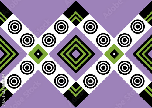 Large white diagonal bands with black concentric circles cross over a purple background to form a central green and black nested diamond motif.