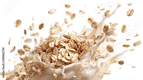 Oatmeal with milk splashing on transparent background