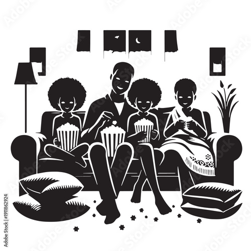 Black Family movie night Silhouette Vector, High Quality Illustration on White Background