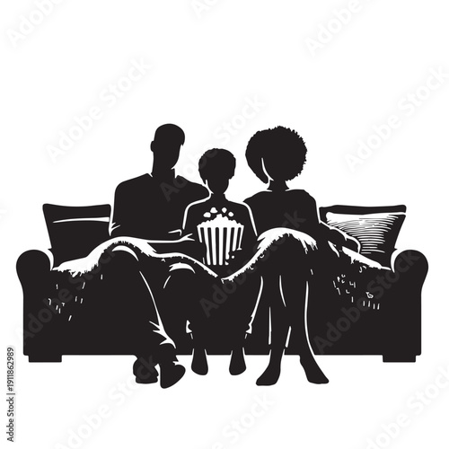 Black Family movie night Silhouette Vector, High Quality Illustration on White Background