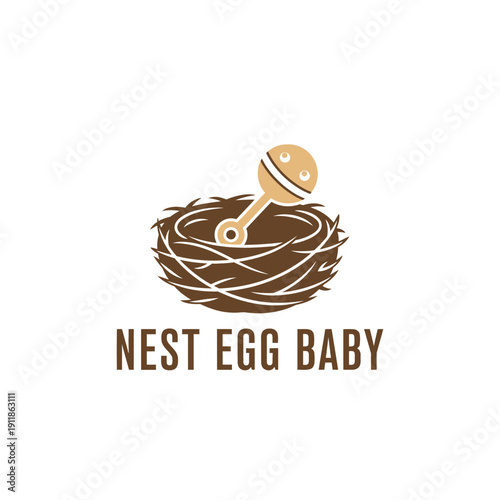 Cozy bird nest with baby rattle icon for infant childcare products and nursery branding logo called NEST EGG BABY