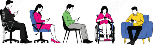 Diverse flat vector illustration of people sitting in various chairs and a wheelchair using smartphones including office workers and casual characters on white background.