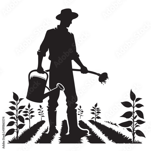 Black Farmer watering crops Silhouette Vector, High Quality Illustration on White Background
