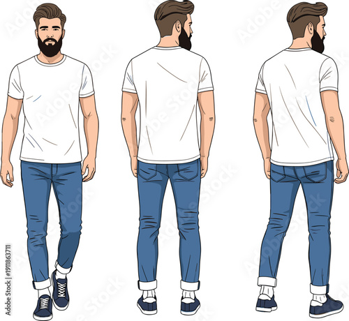 Full body vector illustration of a bearded man wearing a blank white t-shirt and blue jeans shown from front back and side views for apparel mockup.