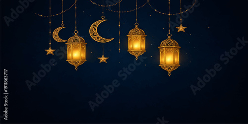 Golden lanterns and glass lamps illuminate a festive winter season decorated with red baubles and elegant New Year ornaments for a merry holiday celebration illustration