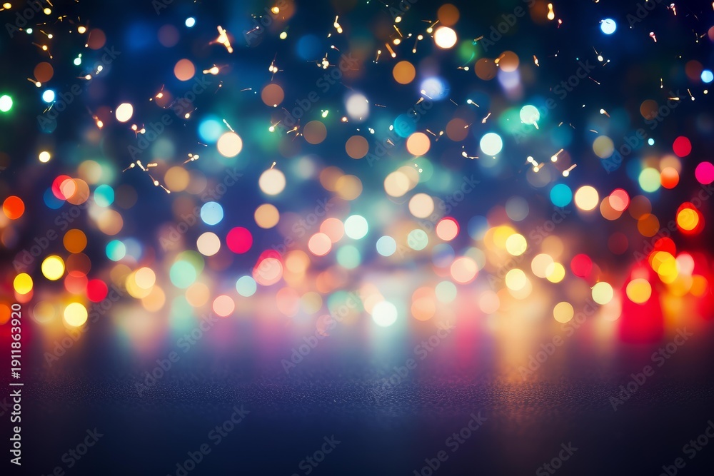 Obraz premium Colorful bokeh lights illuminating a dark surface, offering a festive and celebratory background
