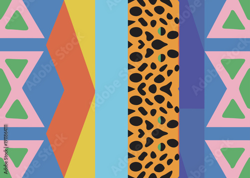 Vibrant retro eighties style pattern with geometric shapes and leopard print