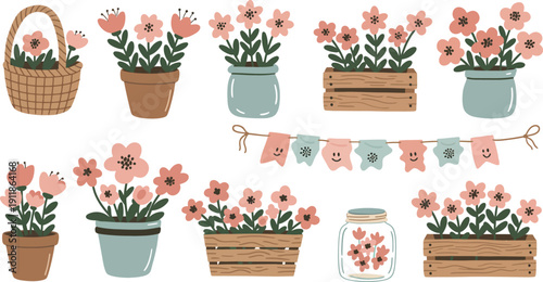 A vibrant set of spring tulips and garden flowers with pink petals and green leaves blooms in terracotta pots, creating a beautiful floral decoration isolated for nature and gardening lovers