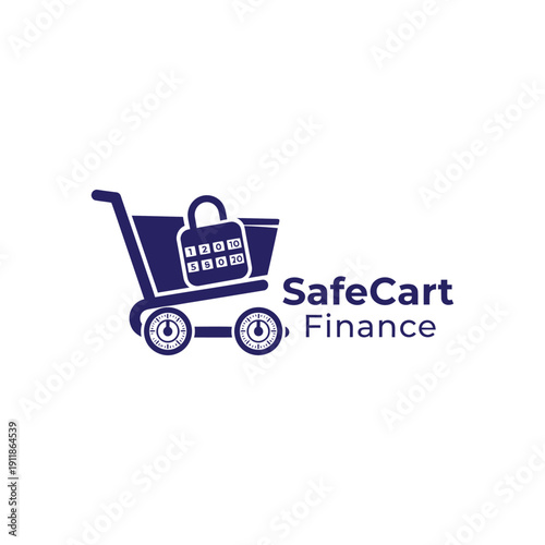 Secure shopping cart icon with combination lock wheels for online financial security and e-commerce payment systems logo SafeCart Finance