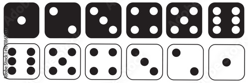 Dice Icon Set, Black Outline, Six Sides, Ludo Game Symbols, Vector Illustration, Six-Faced Dice Icons, Outline Style Design