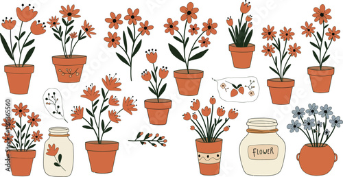 A beautiful set of spring flowers featuring pink tulips and blooming hyacinths in decorative pots, isolated on a clean background to highlight the natural growth and vibrant floral colors