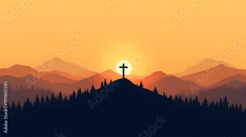 Silhouette of a cross on a hill at sunset with mountains in the background representing faith. This religious landscape illustration inspires hope and spiritual christian themes.