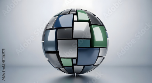 Abstract 3D render of a geometric sphere with interlocking panels in cool metallic colors, symbolizing global networks, digital data, and modern technology innovation