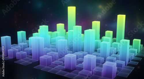 Abstract digital data visualization featuring vibrant 3D blocks on a structured grid, illustrating complex information flow, analytics, and technological interconnectedness