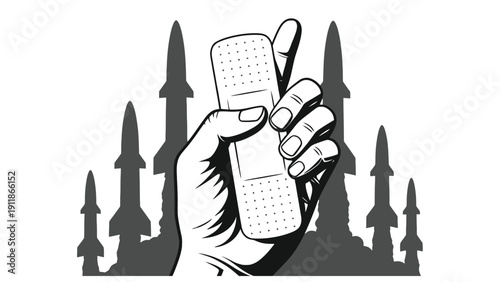 Professional hand holding an adhesive bandage over a silhouette of forest missiles for peace advocacy and conflict resolution concept.