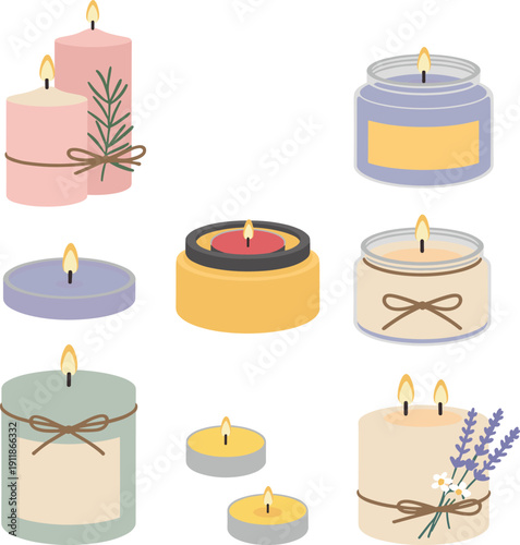 Set of Decorative Scented Candles in Various Shapes and Sizes with Lavender and Herbal Elements Vector Illustration Isolated on White Background