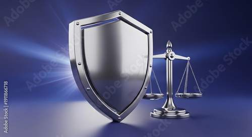 Illustrative 3D render of a gleaming metallic shield paired with a classic balance scale on a reflective surface, symbolizing security, justice, and strategic risk management principles