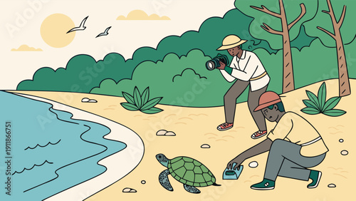 Two people observing a sea turtle on a beach, one taking a photo.