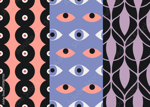 Three vertical pattern strips display black concentric circles with red centers pink eye motifs and black leaf shapes on light purple and coral backgrounds.