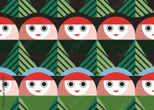 Seamless pattern of cute stylized russian matryoshka dolls and green geometric trees in a forest.