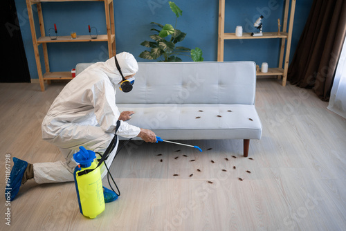 Tableau sur toile Exterminator from pest control service using spray and insecticide disinfecting at home, targeting insect cockroaches with effective treatment