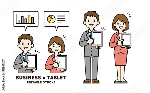 タブレットを指さして説明する男女のビジネスパーソンの上半身・全身ベクターイラスト素材セット