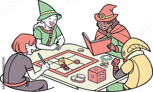 Fantasy characters playing a tabletop board game with dice and tokens.
