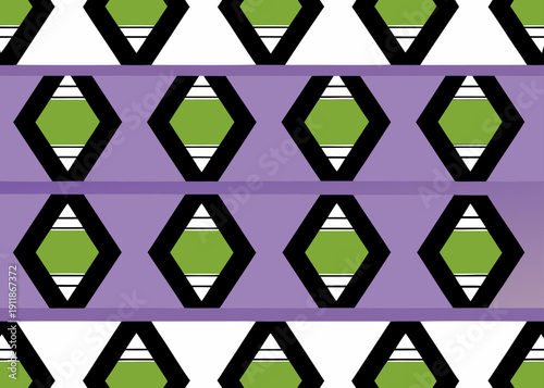 Geometric pattern with purple horizontal bands and green diamond shapes outlined in black.