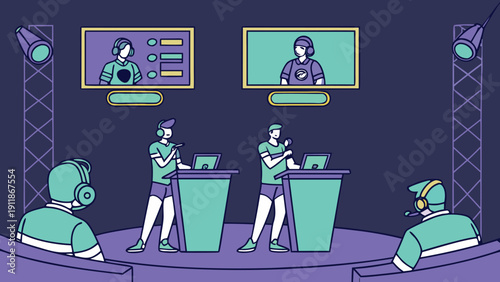 Television debate show with four participants, illustration of people on stage with screens and podiums in modern style with purple and teal color palette.