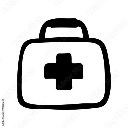 Simple black and white first aid kit medical bag icon illustration