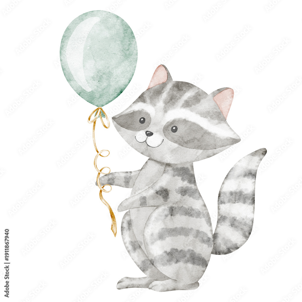 custom made wallpaper toronto digitalWatercolor Raccoon holding a balloon in gentle pastel colors. Woodland animal illustration for baby shower greeting cards or childish Birthday invitations. Art of character for nursery posters