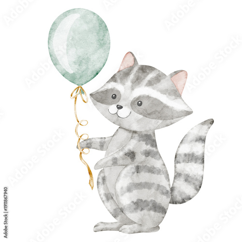 Wallpaper Mural Watercolor Raccoon holding a balloon in gentle pastel colors. Woodland animal illustration for baby shower greeting cards or childish Birthday invitations. Art of character for nursery posters Torontodigital.ca