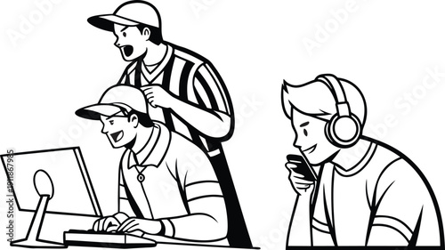 Black and white line art illustration of three men interacting with technology, one wearing headphones, another working on a computer with a referee or judge standing behind him.