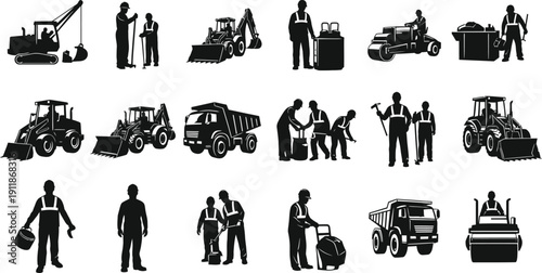 Silhouette icons of people working with landscaping and gardening equipment