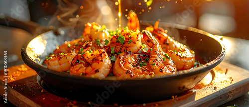 Panel kuchenny z motywem Succulent grilled shrimp sizzling in savory sauce with fresh herbs