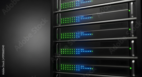 Sleek 3D server racks in an active data center, showcasing illuminated status lights and depth, symbolizing robust digital infrastructure and powerful computing