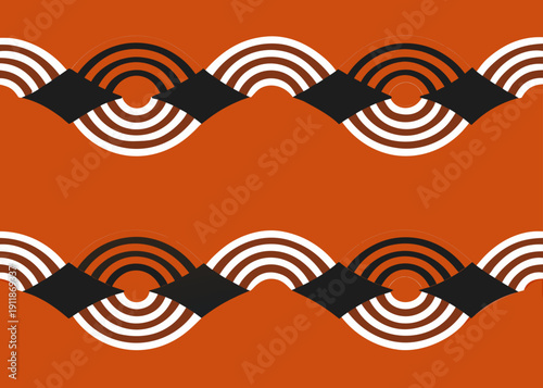 Rows of brown and white concentric semi-circles are connected by black diamond shapes against a solid orange background in a geometric pattern.
