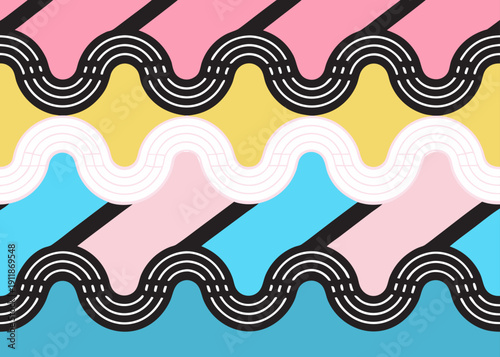 Colorful abstract geometric pattern with wavy lines and diagonal bands of pink, yellow, and blue