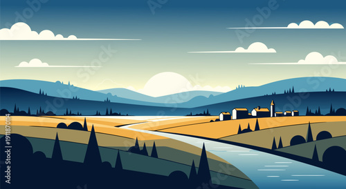 Serene Countryside Landscape Vector Illustration with a River and Village at Sunset