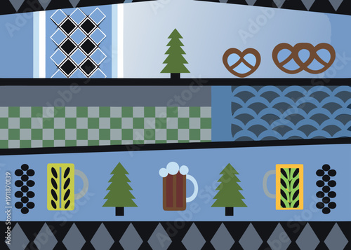 A cultural collage pattern displays Bavarian symbols like pretzels beer mugs and pine trees with checkered and diamond geometric textures.