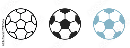 Soccer ball icons illustrating outline, black and white, and blue style designs, football sports symbols, match equipment concepts